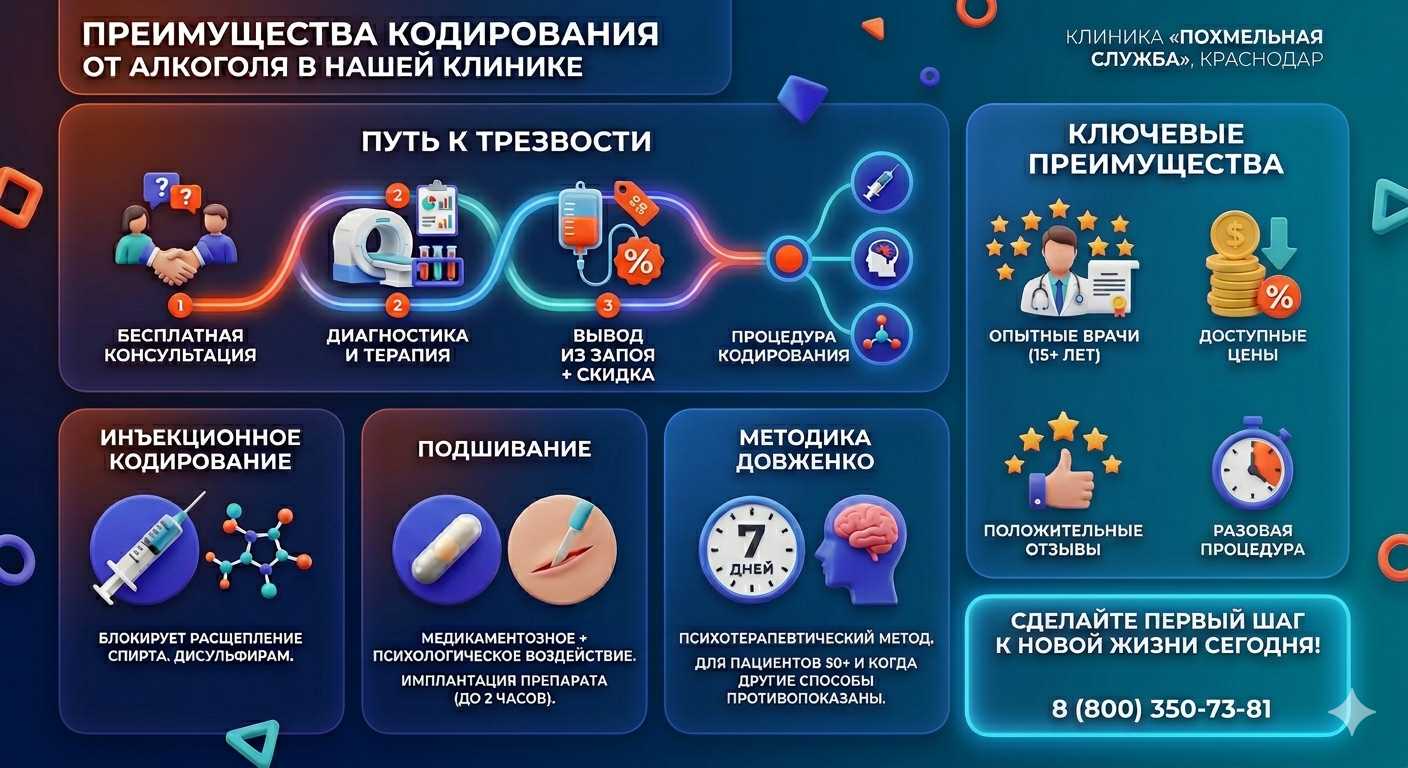 Инфографика о методах кодирования от алкоголя в Гаврилов-Яме: инъекции, подшивание, метод Довженко. Преимущества клиники и этапы лечения.